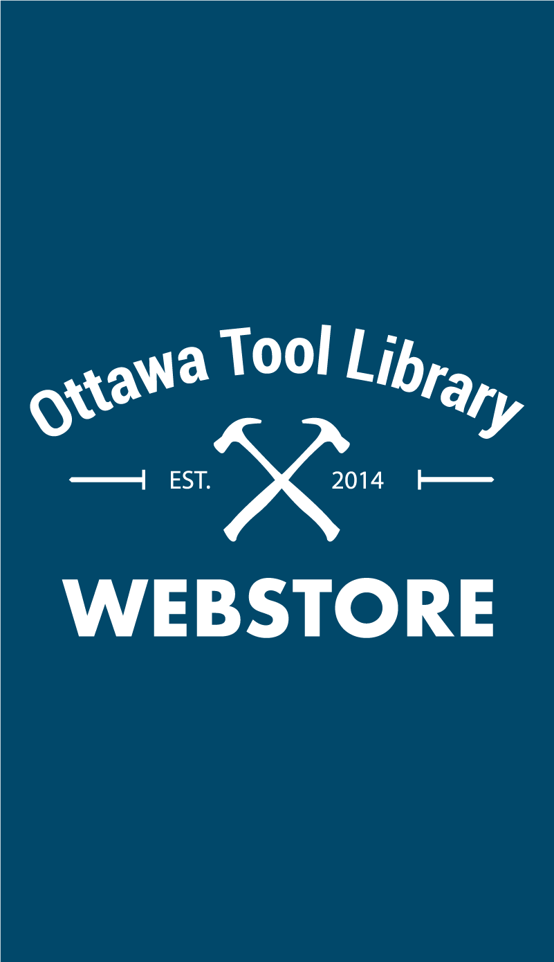 Ottawa Tool Library vertical banner with blue background and white logo