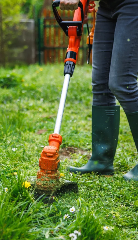 Undistinguishable woman wearing rubber boots using a corded string trimmer to maintain over grown grass